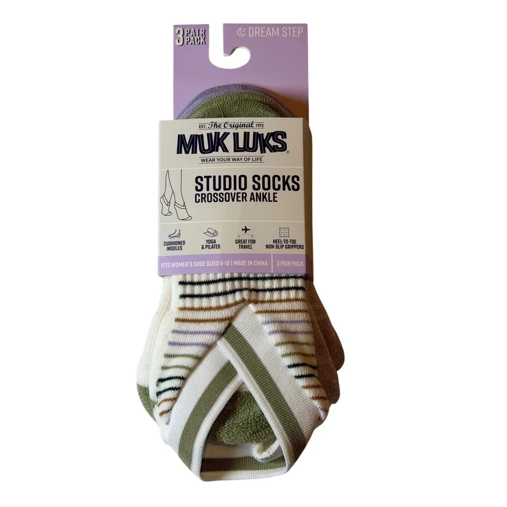 MUK LUKS Studio Socks Crossover Ankle Green Purple Striped Yoga Pilates 6-10